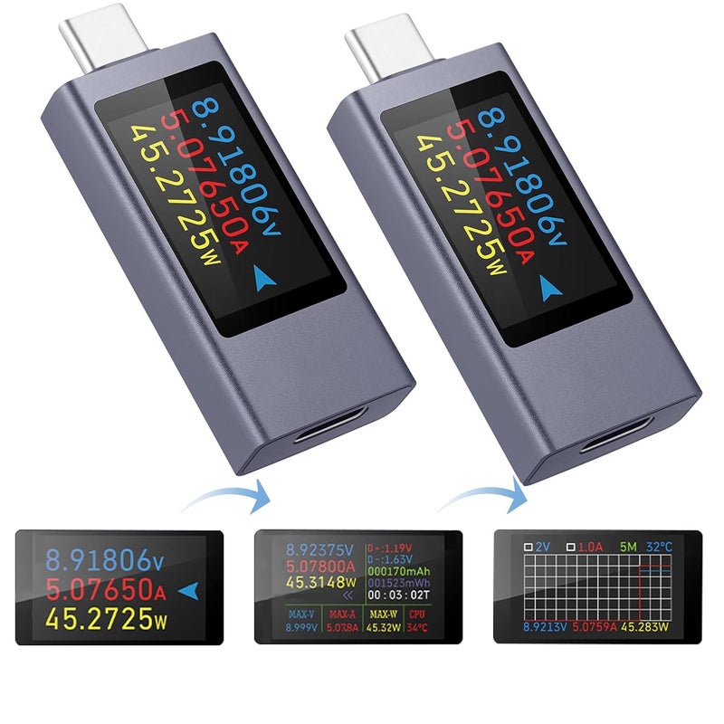 diymore 2 PCS USB C Power Meter Testers,USB C Tester Power Meter Color Screen,Digital Multimeter,Three Screens Switch to Display Current,Voltage,CPU Temperature,USB C Tester,DC4-30V/0-12A - Image 1